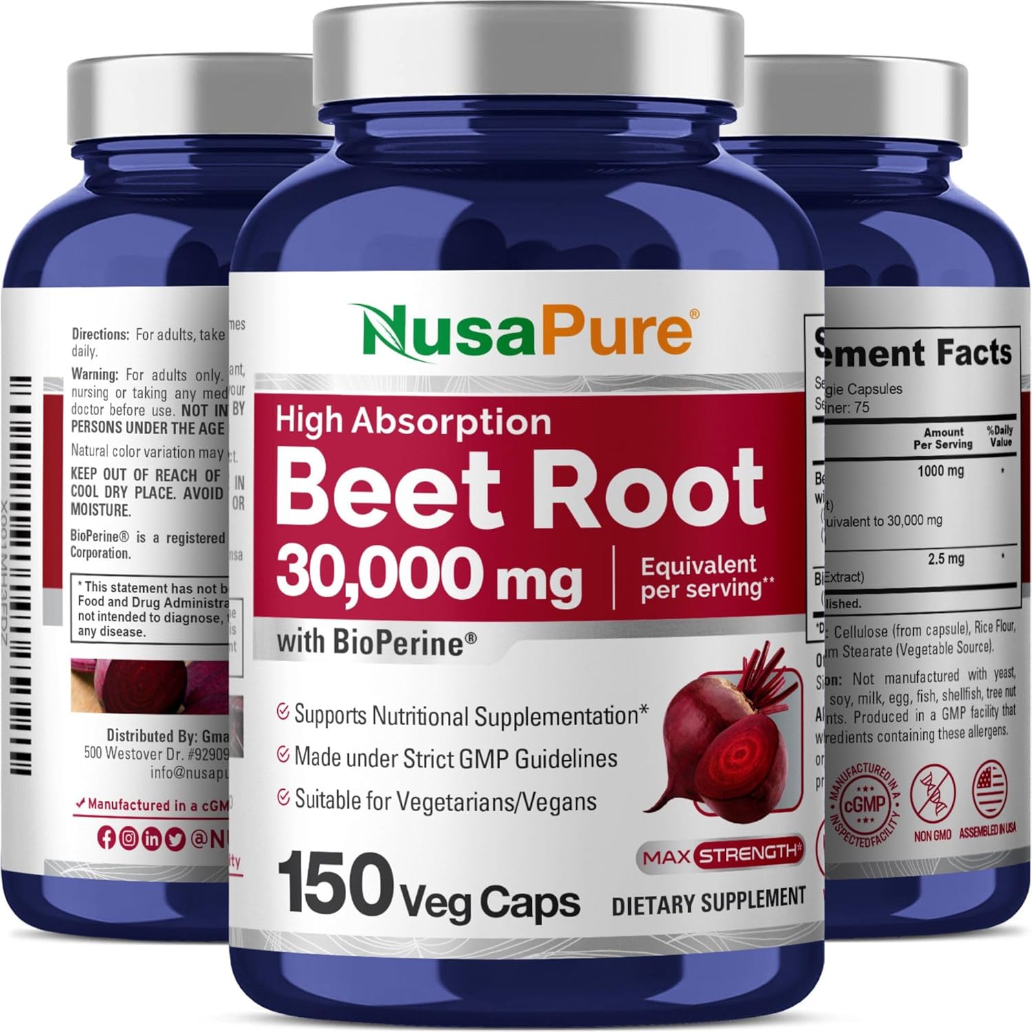 Organic Beet Root Capsules 30,000mg with Bioperine - 150 Veggie Caps (Non-GMO, Vegan, High Nitrate Content)
