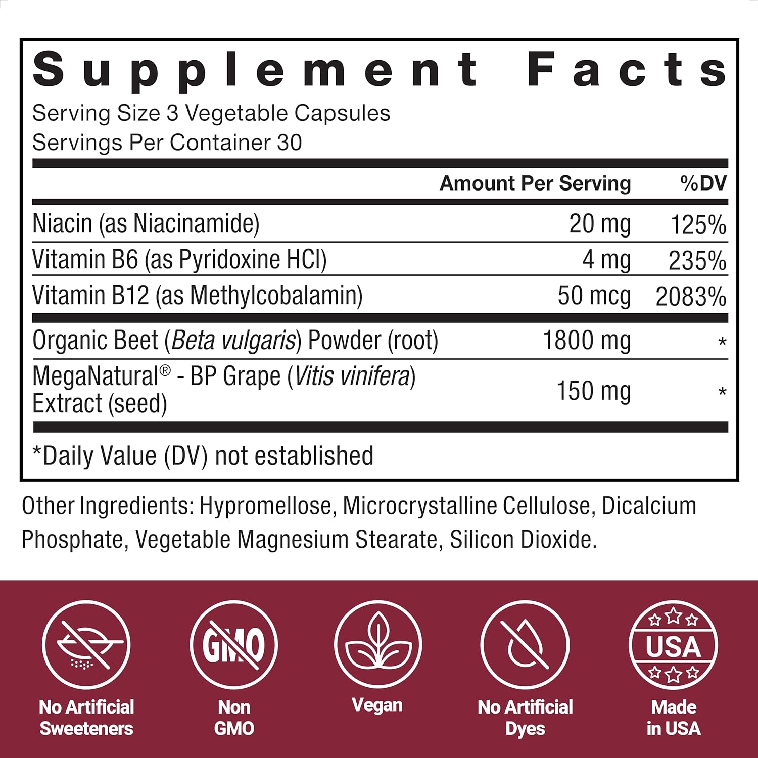 Organic Beet Root Capsules for Blood Pressure Support - 1800mg Powder Blend - 90 Veg Caps - Circulation & Blood Flow Supplement
