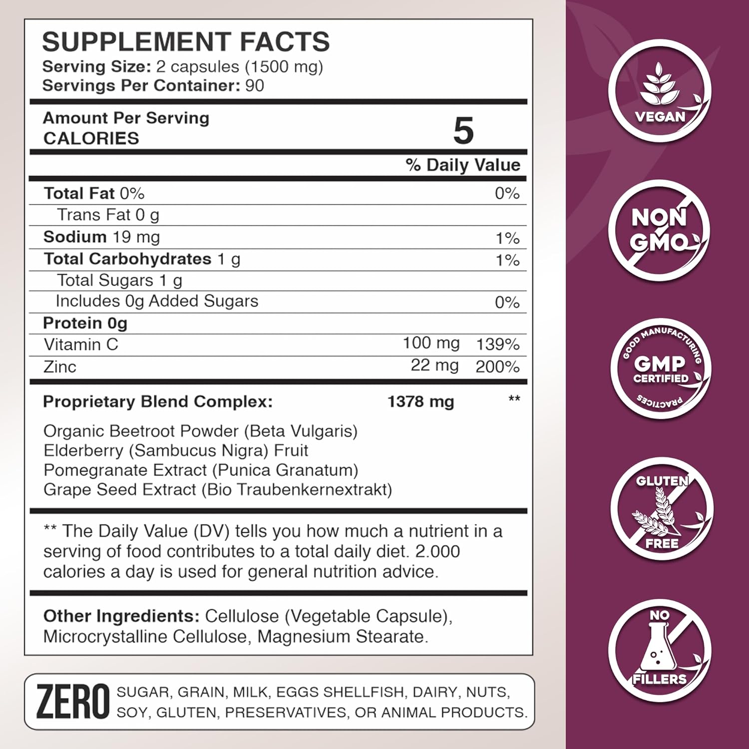 Organic Beet Root Capsules with Vitamin C, Zinc, Elderberry, Pomegranate, Grape Seed Extract - Nitric Oxide Supplement for Healthy Circulation - 3 Month Supply of GADE Nutrition Boost Your Health Formula