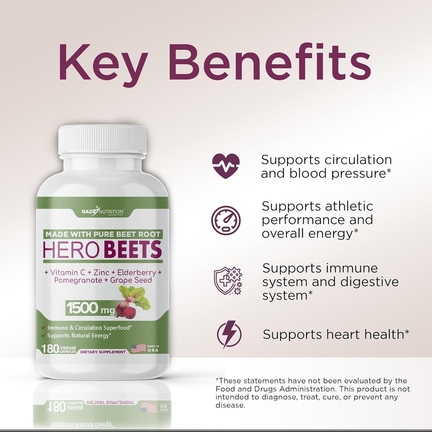 Organic Beet Root Capsules with Vitamin C, Zinc, Elderberry, Pomegranate, Grape Seed Extract - Nitric Oxide Supplement for Healthy Circulation - 3 Month Supply of GADE Nutrition Boost Your Health Formula
