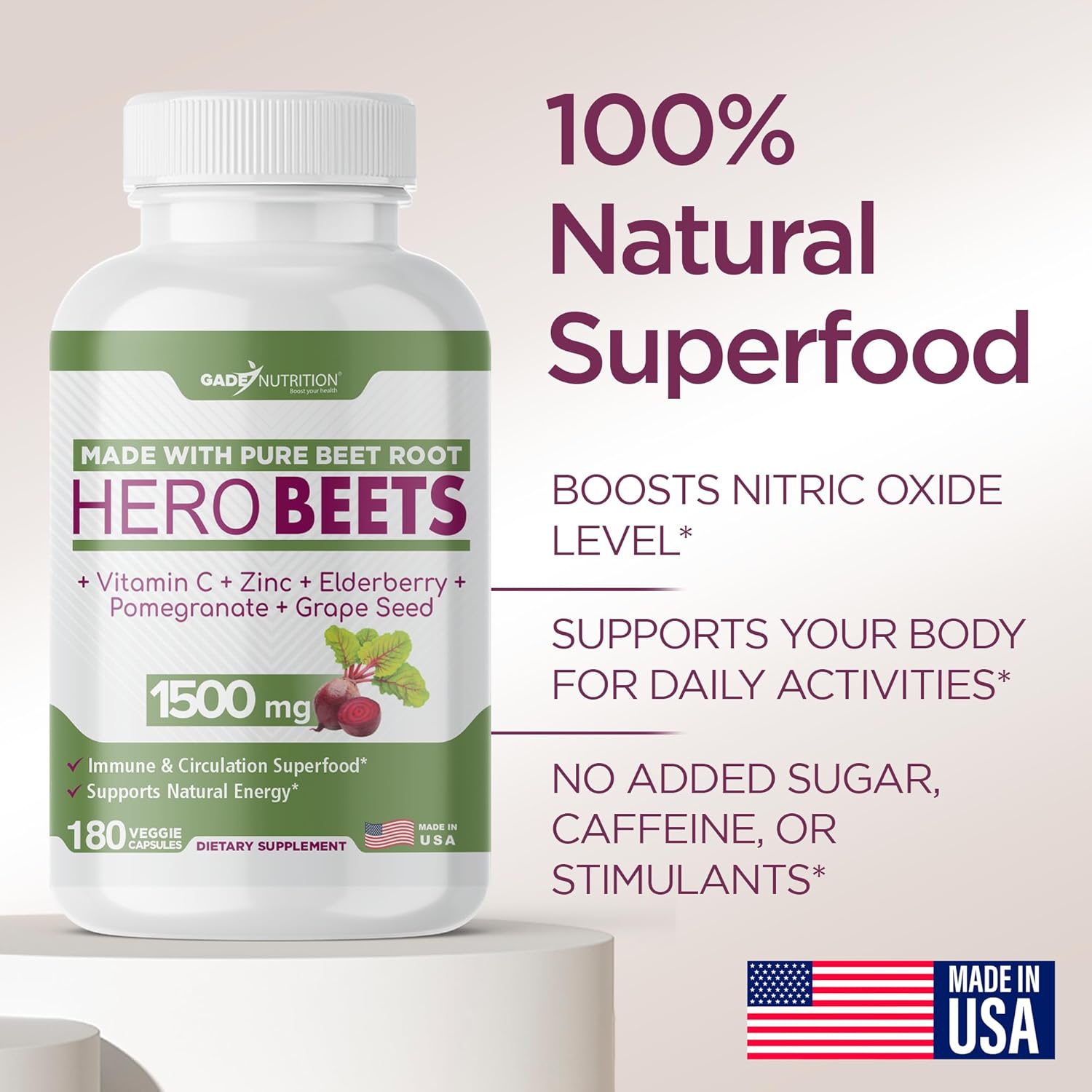Organic Beet Root Capsules with Vitamin C, Zinc, Elderberry, Pomegranate, Grape Seed Extract - Nitric Oxide Supplement for Healthy Circulation - 3 Month Supply of GADE Nutrition Boost Your Health Formula