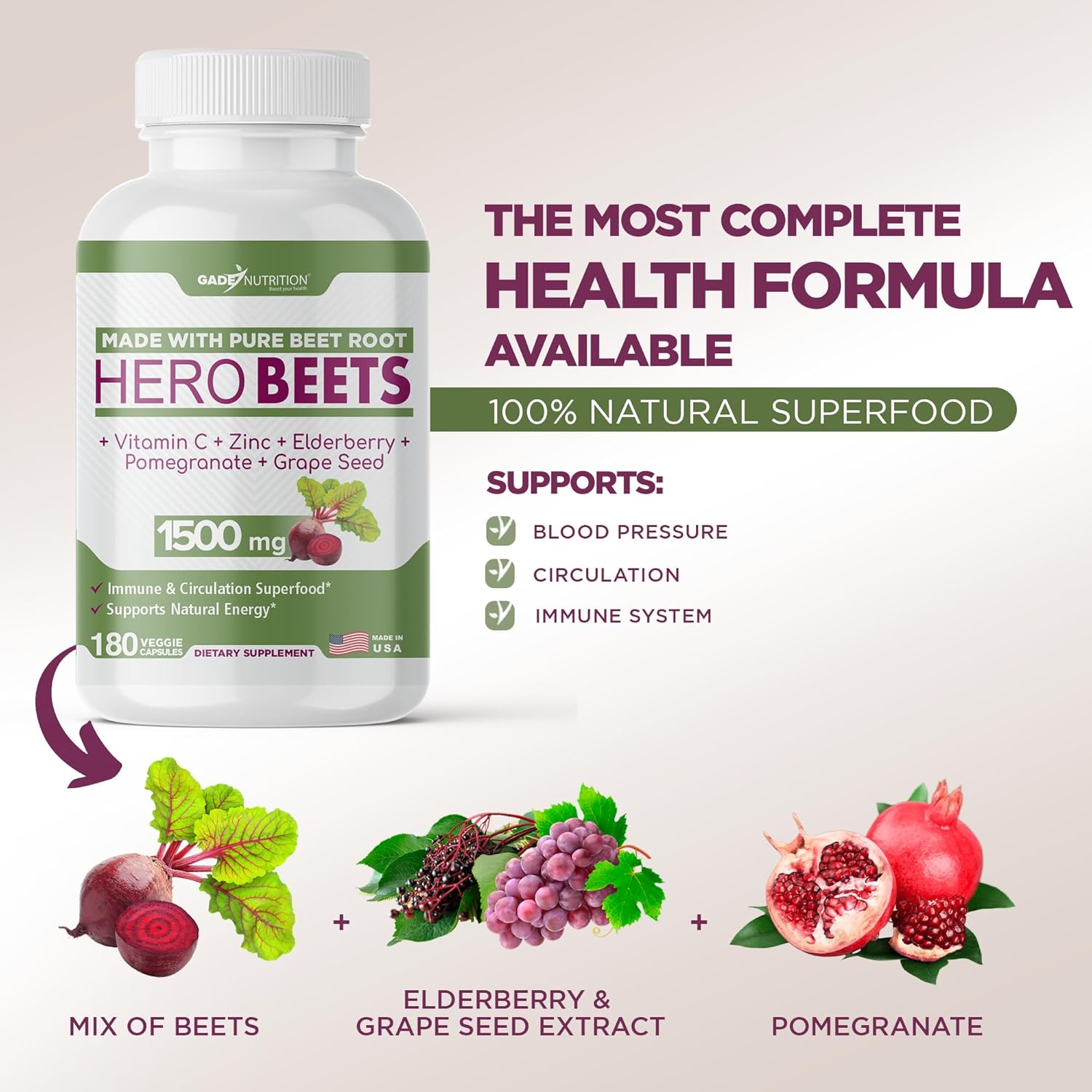 Organic Beet Root Capsules with Vitamin C, Zinc, Elderberry, Pomegranate, Grape Seed Extract - Nitric Oxide Supplement for Healthy Circulation - 3 Month Supply of GADE Nutrition Boost Your Health Formula