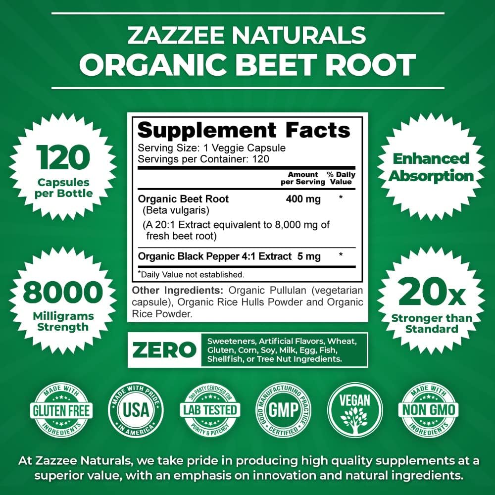 Organic Beet Root Extract Capsules 8000mg - 120 Vegan Capsules - Nitric Oxide Support - Non-GMO - Made in USA