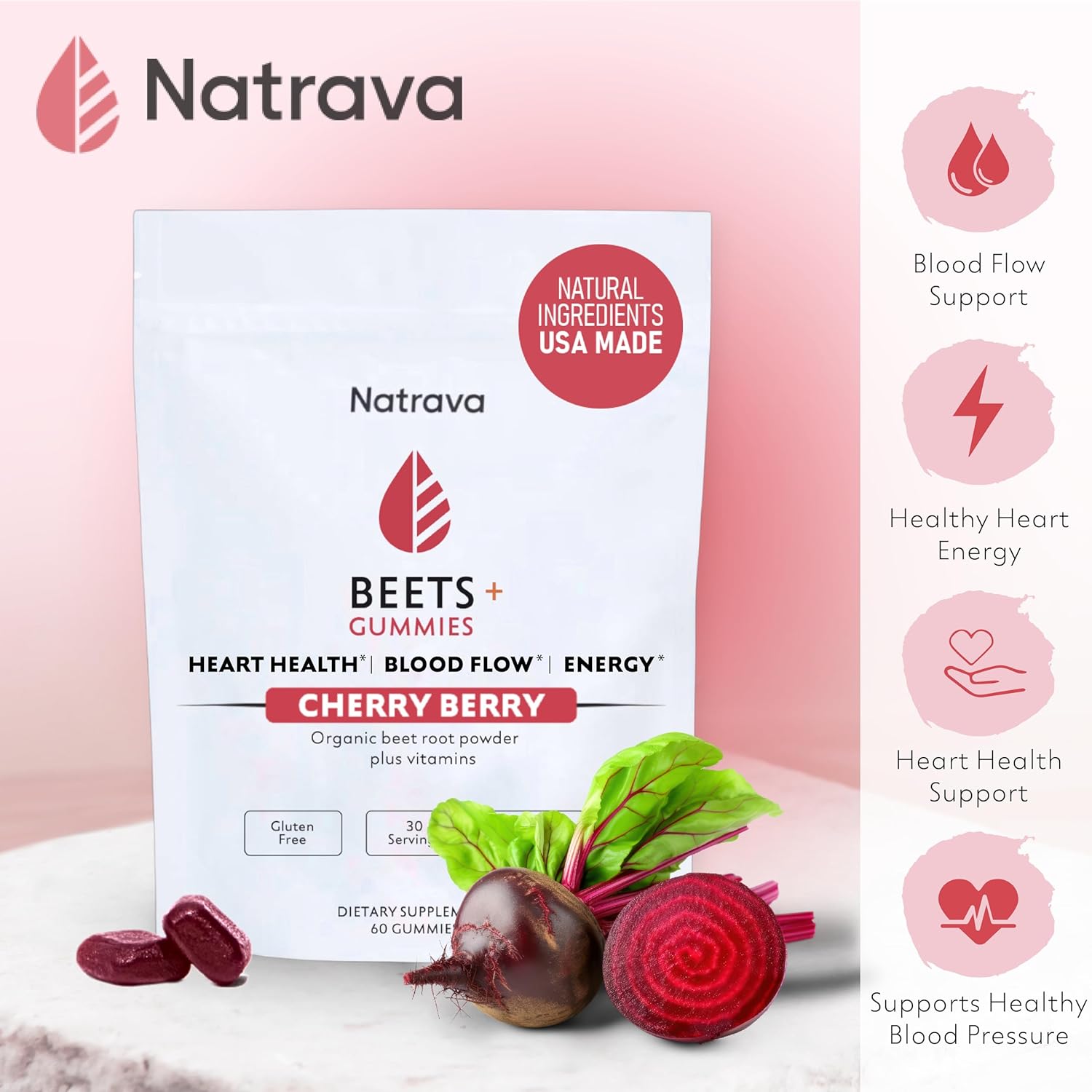 Organic Beet Root Gummies with Grape Seed Extract and Vitamin C for Heart Health - 60 Count - Nitric Oxide & Circulation Support