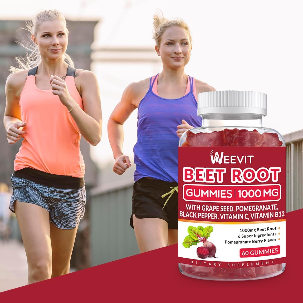 Organic Beet Root Gummies with Grape Seed, Pomegranate, Black Pepper, Vitamin C, B12 | Sugar Free Nitric Oxide Booster for Men Women by WEEVIT