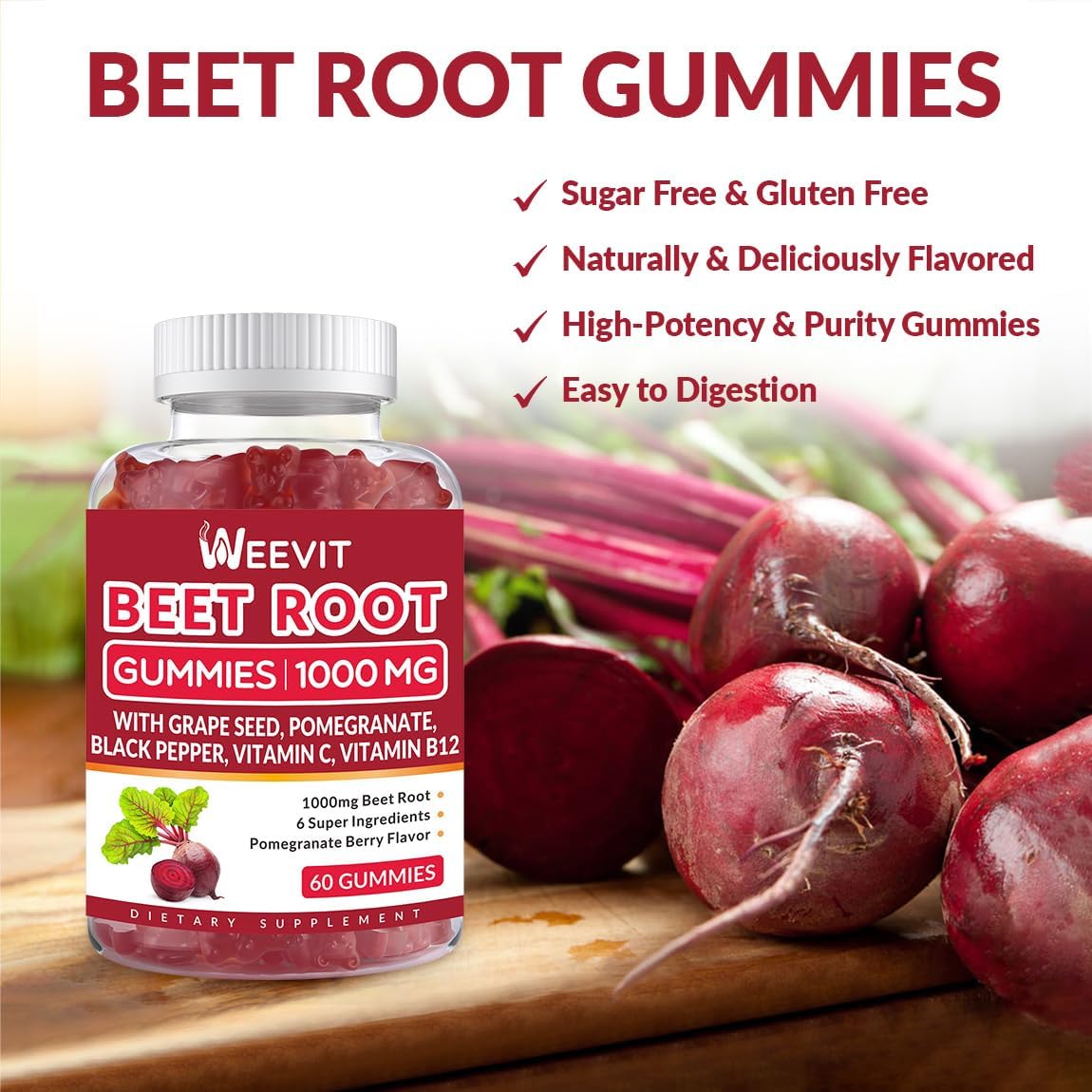 Organic Beet Root Gummies with Grape Seed, Pomegranate, Black Pepper, Vitamin C, B12 | Sugar Free Nitric Oxide Booster for Men Women by WEEVIT