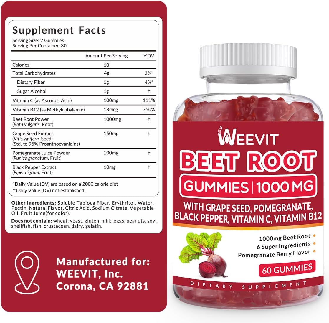 Organic Beet Root Gummies with Grape Seed, Pomegranate, Black Pepper, Vitamin C, B12 | Sugar Free Nitric Oxide Booster for Men Women by WEEVIT