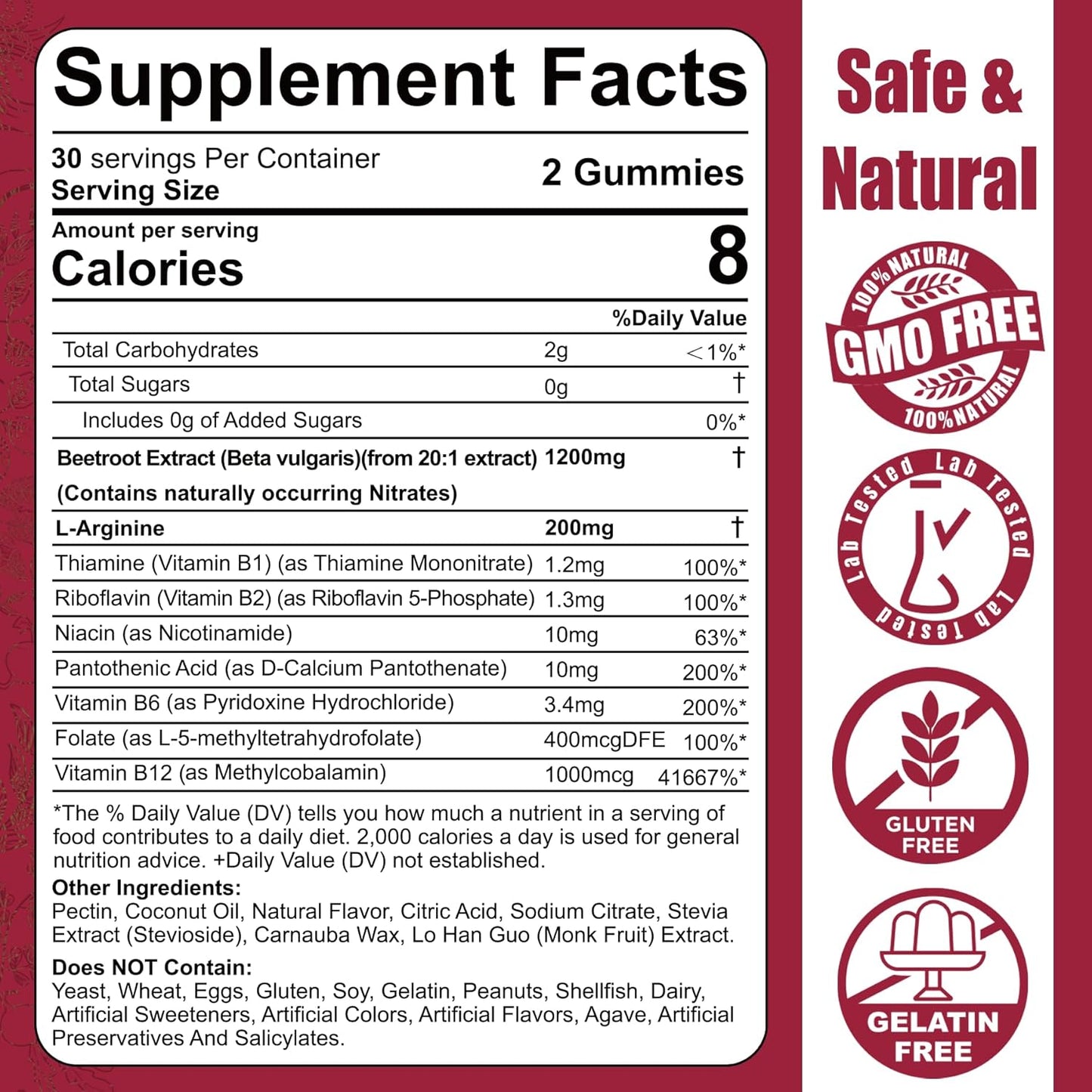 Organic Beet Root Gummies with L-Arginine 1400mg for Energy, Blood Flow & Circulation - Vegan, Non-GMO, 120 Count