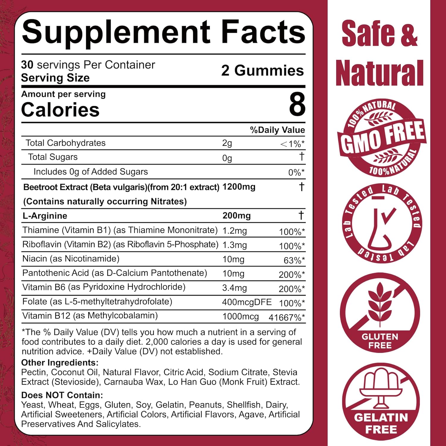 Organic Beet Root Gummies with L-Arginine 1400mg for Energy, Blood Flow & Circulation - Vegan, Non-GMO, 120 Count