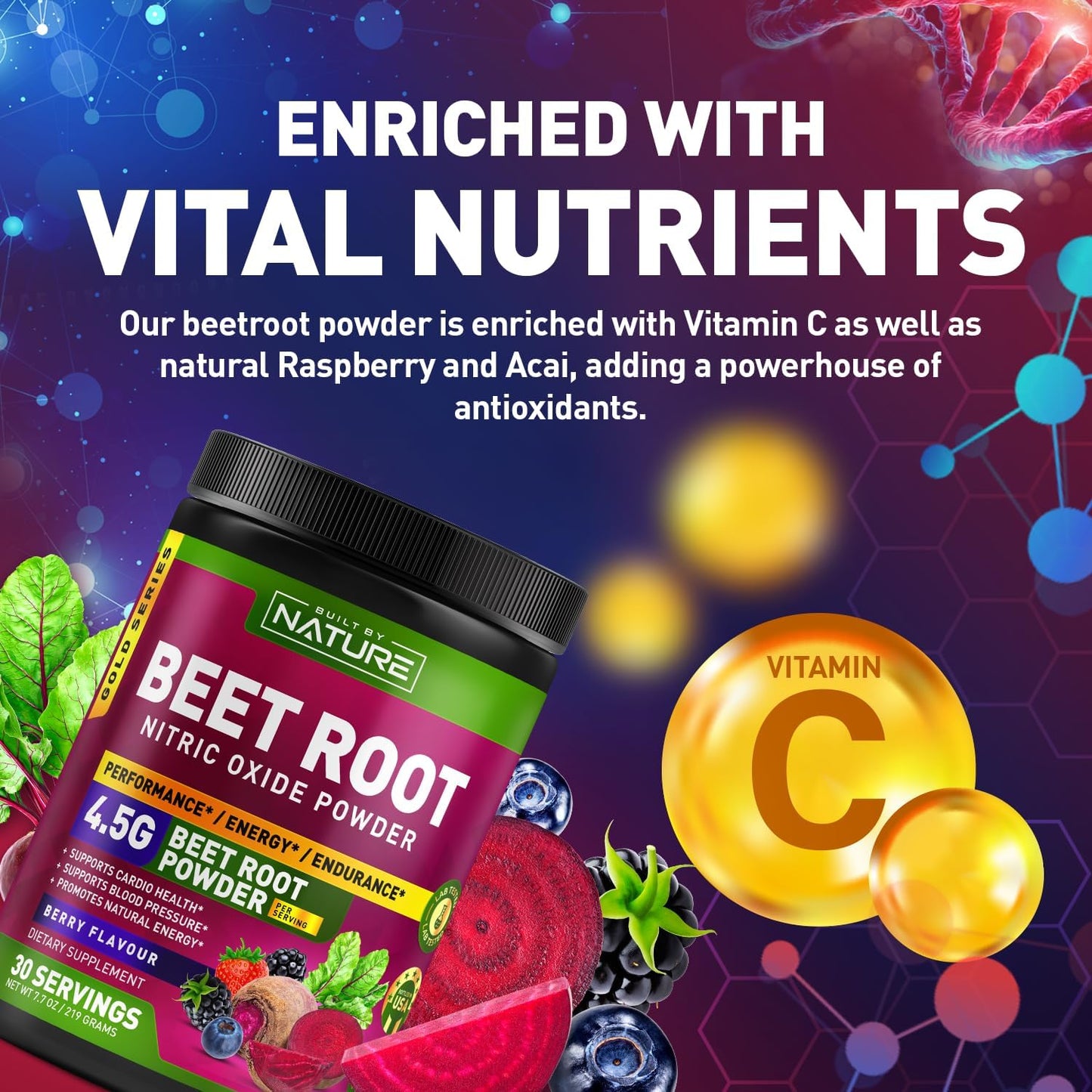 Organic Beet Root Nitric Oxide Powder Supplement for Circulation, Energy, and Heart Health - Vegan, Non-GMO - Berry Flavor - 30 Servings