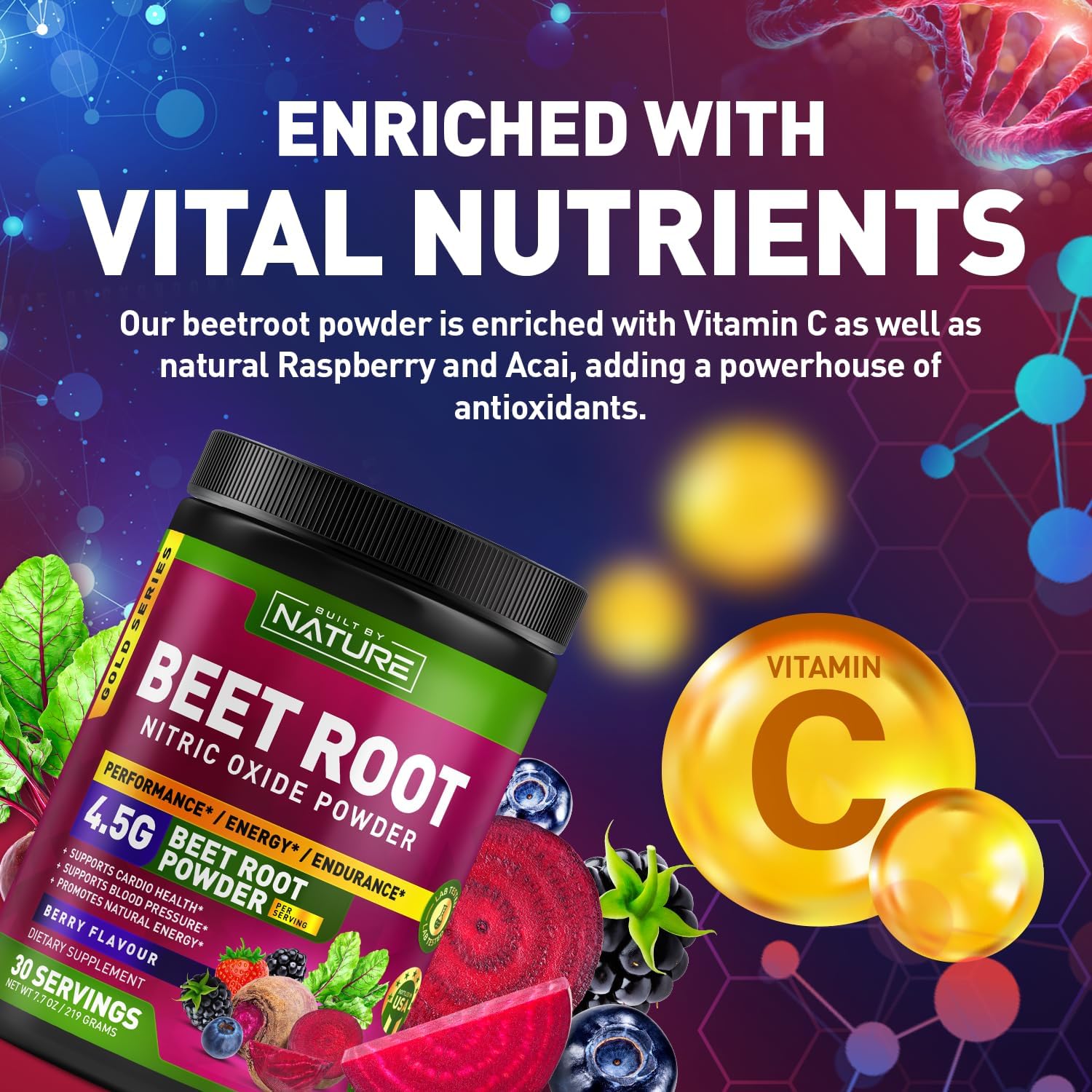 Organic Beet Root Nitric Oxide Powder Supplement for Circulation, Energy, and Heart Health - Vegan, Non-GMO - Berry Flavor - 30 Servings