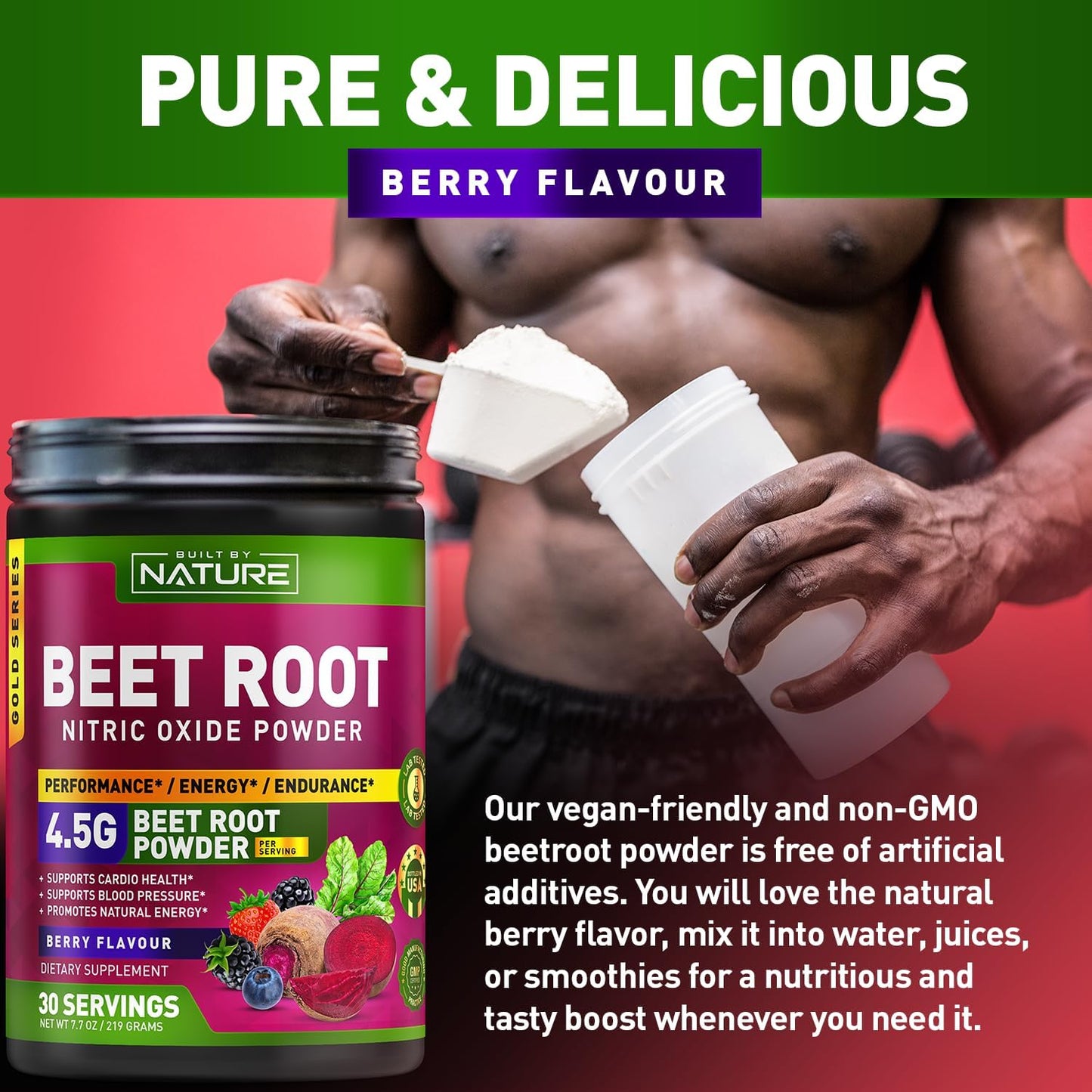 Organic Beet Root Nitric Oxide Powder Supplement for Circulation, Energy, and Heart Health - Vegan, Non-GMO - Berry Flavor - 30 Servings