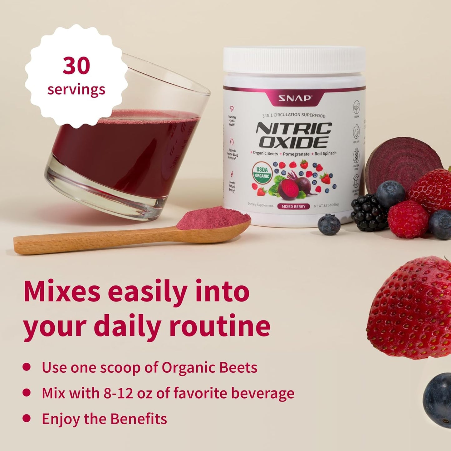 Organic Beet Root Powder Supplement for Energy & Heart Health - Nitric Oxide Superfood with B Vitamins, Pomegranate & Red Spinach - Mixed Berry Flavor, 30 Servings