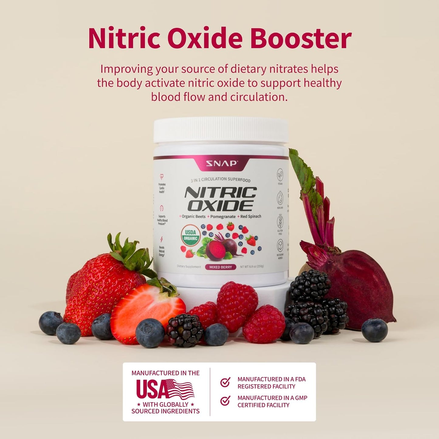 Organic Beet Root Powder Supplement for Healthy Blood Pressure & Circulation - 250g (Mixed Berry)