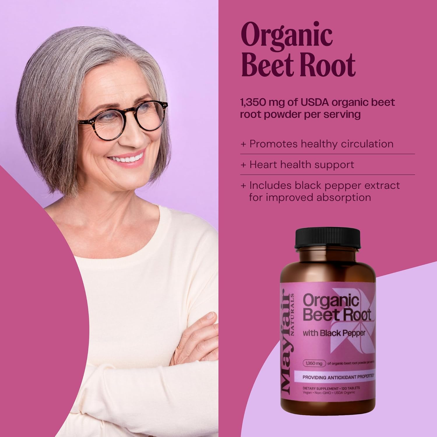 Organic Beet Root Powder with Black Pepper - 1350mg Dietary Supplement Tablets by Mayfair Naturals