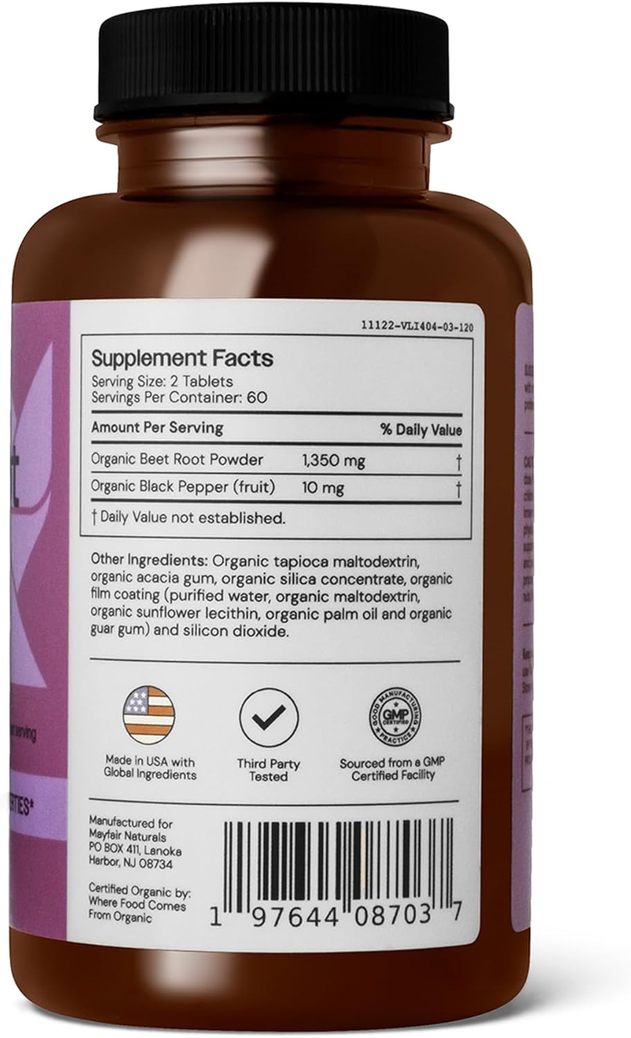 Organic Beet Root Powder with Black Pepper - 1350mg Dietary Supplement Tablets by Mayfair Naturals