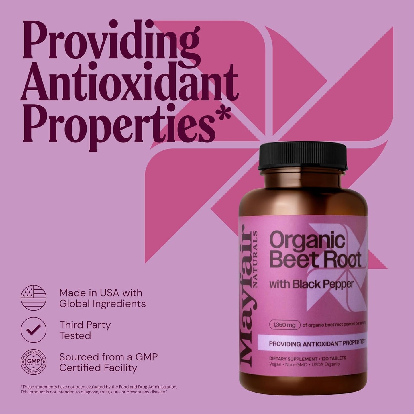 Organic Beet Root Powder with Black Pepper - 1350mg Dietary Supplement Tablets by Mayfair Naturals