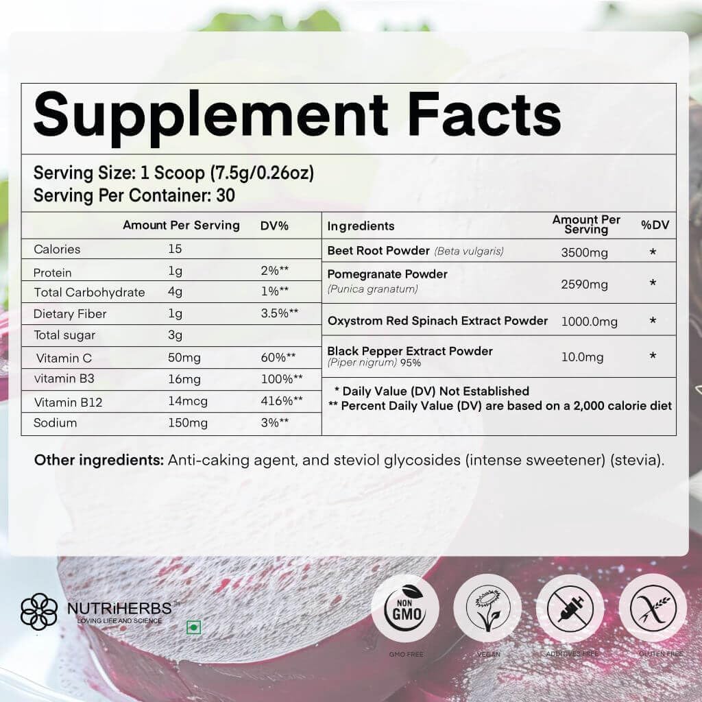 Organic Beet Root Powder with Pomegranate & Red Spinach for Heart Health - 225g | Cardiovascular Booster for Energy & Blood Pressure Support | Nutriherbs Super Nitric Oxide Nutri Beets