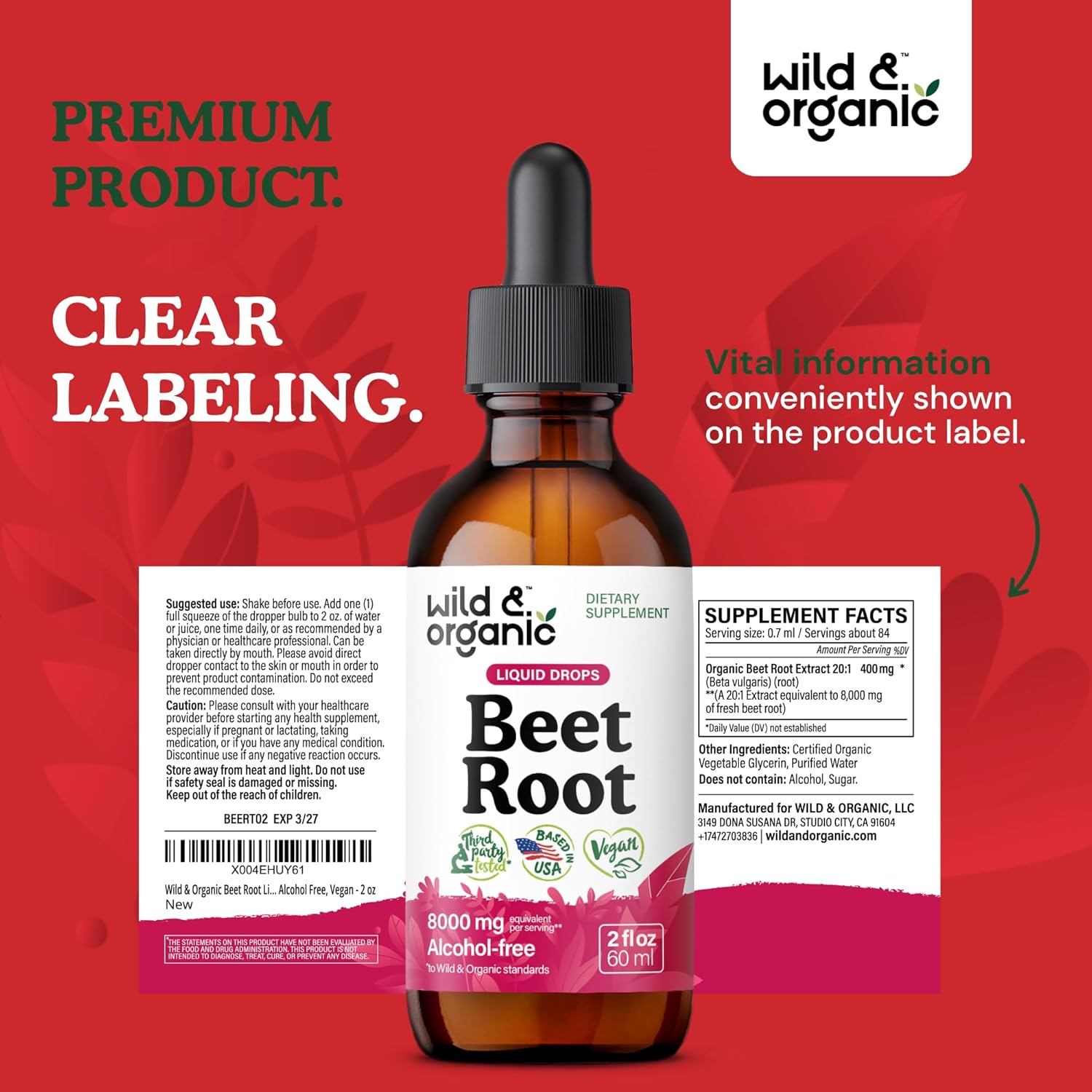 Organic Beet Root Tincture - 8000 mg Fresh Extract - Liquid Supplement for Men & Women - Vegan, Alcohol & Sugar-Free - 2 fl oz Bottle