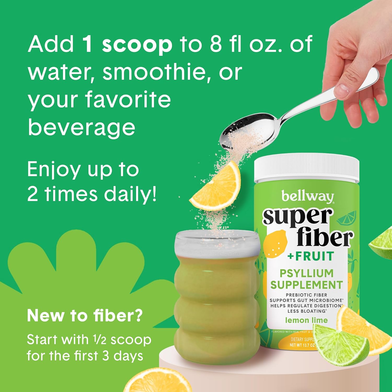 Organic Bellway Super Fiber Powder with Psyllium Husk & Fruit - Sugar Free, Non-GMO, Plant-Based Lemon Lime Supplement for Gut Health & Regularity