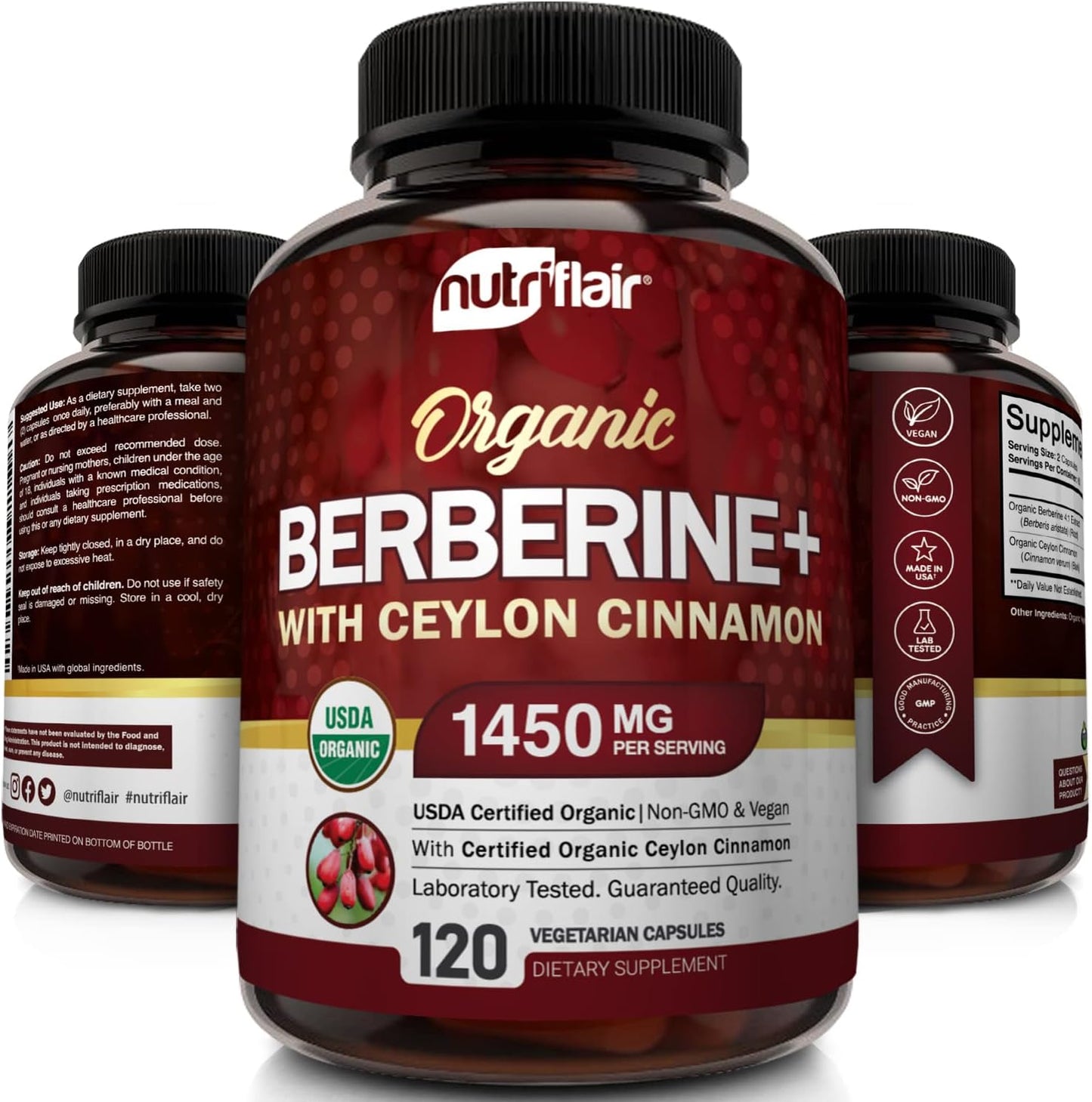 Organic Berberine with Ceylon Cinnamon Capsules - 1450mg, 120 Count by NutriFlair