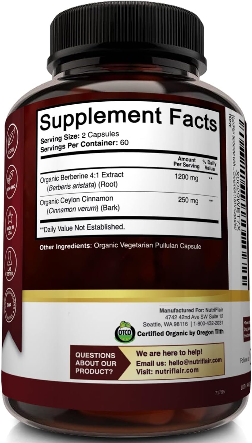 Organic Berberine with Ceylon Cinnamon Capsules - 1450mg, 120 Count by NutriFlair