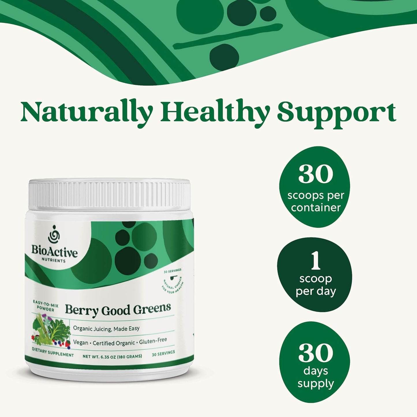 Organic Berry Good Greens Superfood Powder - Vegan Supplement for Energy Boost & Detox - 30 Servings
