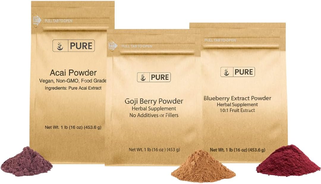 Organic Berry Powder Bundle with Acai, Goji, and Blueberry - 1 lb Each - Herbal Supplements