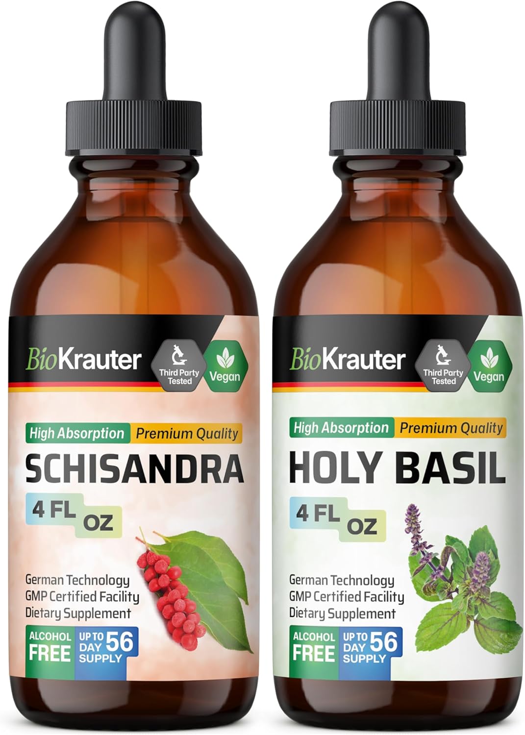 Organic BIO KRAUTER Schisandra and Holy Basil Tincture Bundle - 4 Fl. Oz. Each