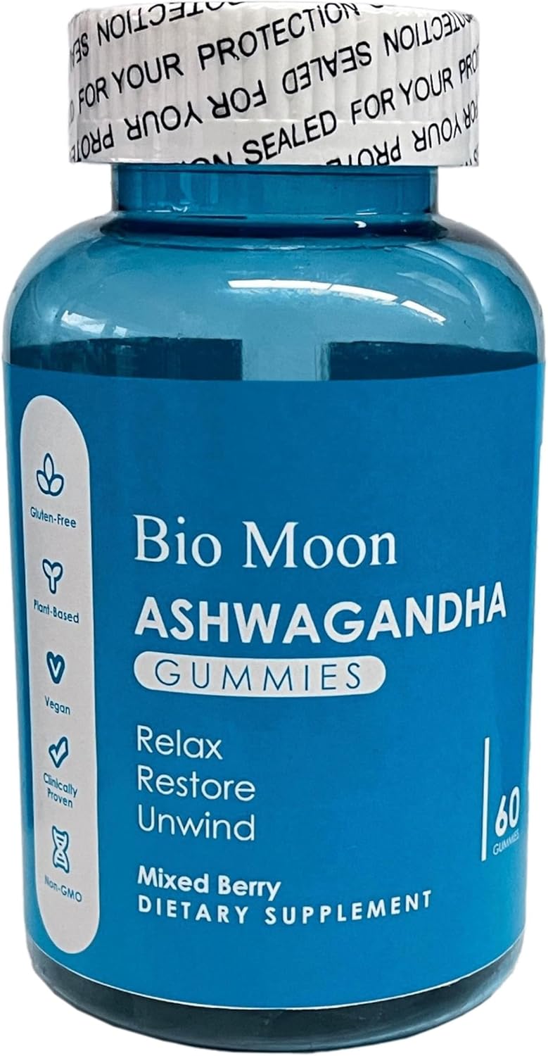 Organic Bio Moon Ashwagandha & Vitamin D3 Gummies - 60 Count for Improved Sleep, Stress Relief, and Mood Calm - Non-GMO and Gluten Free