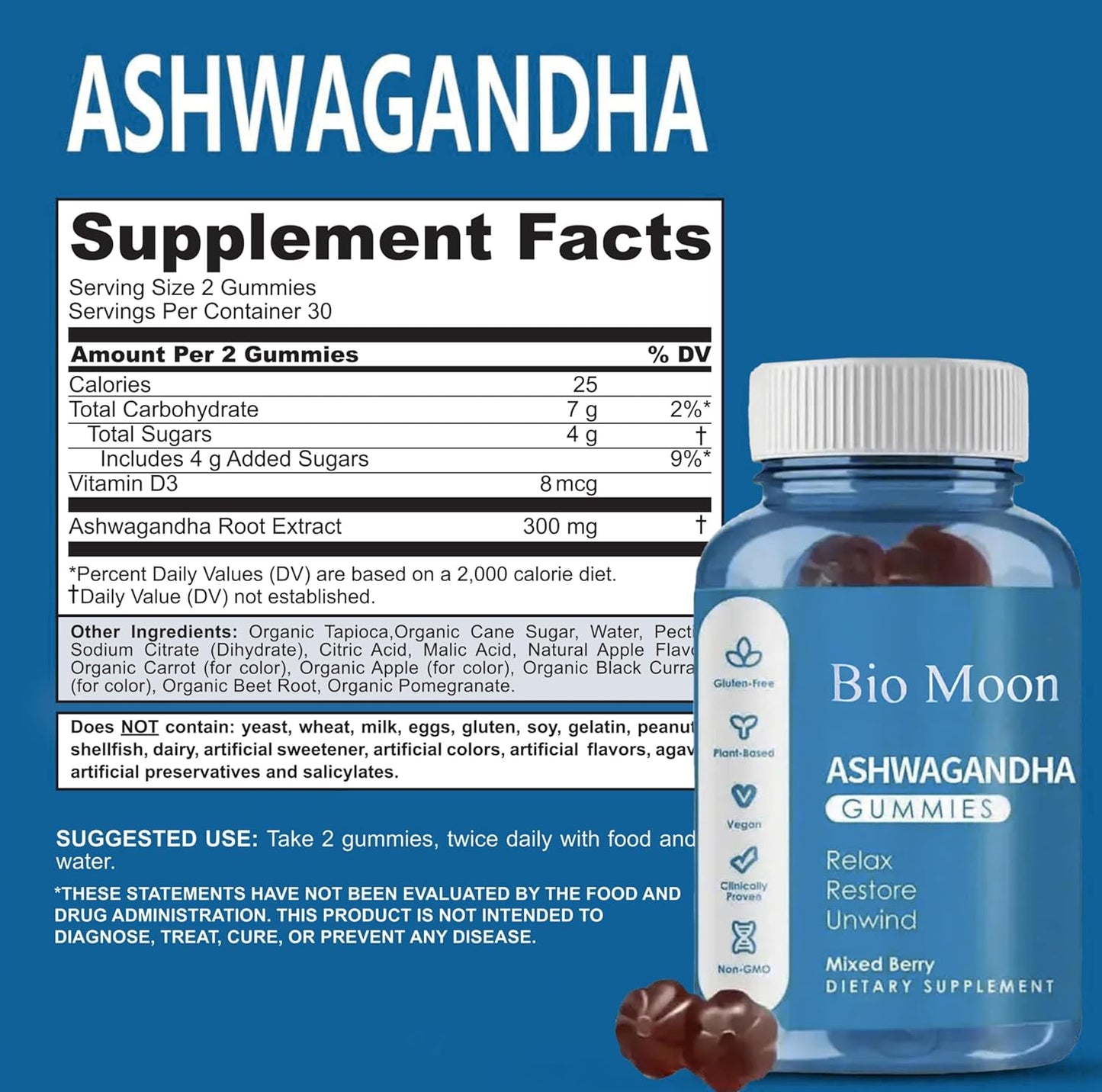 Organic Bio Moon Ashwagandha & Vitamin D3 Gummies - 60 Count for Improved Sleep, Stress Relief, and Mood Calm - Non-GMO and Gluten Free