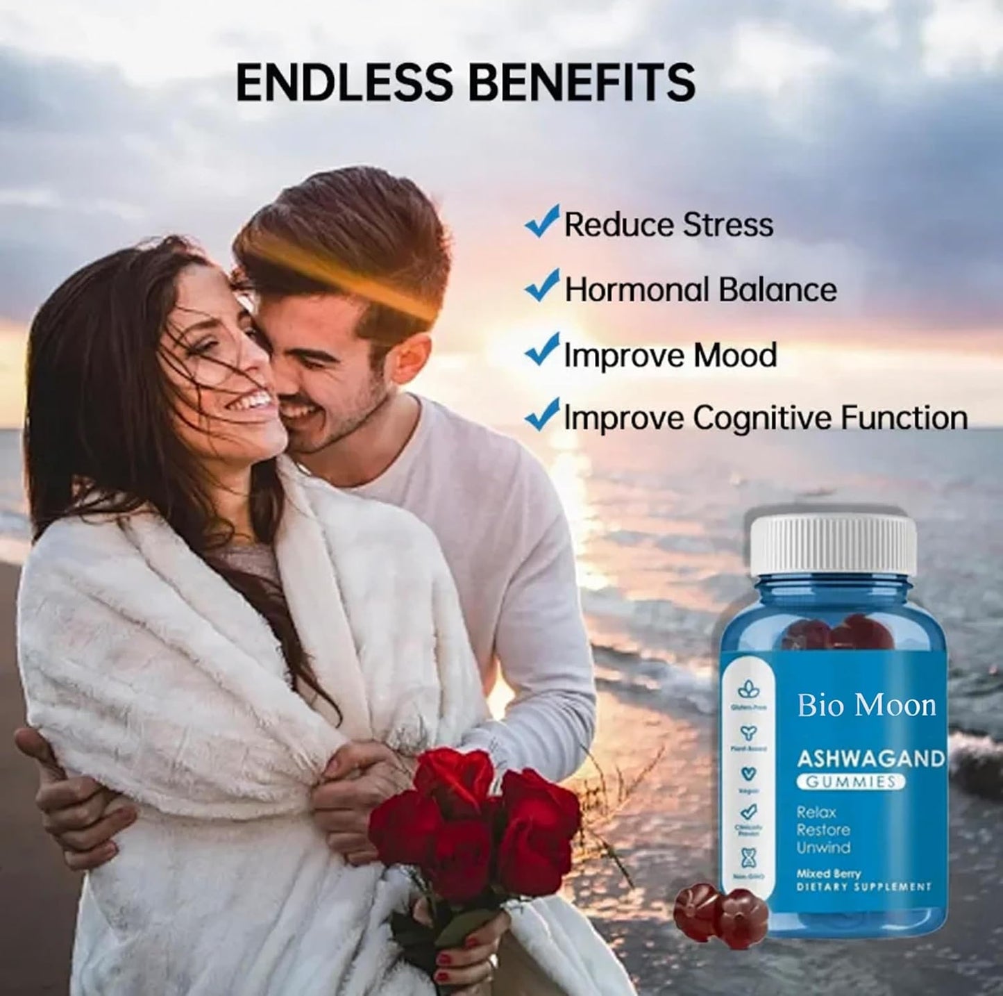 Organic Bio Moon Ashwagandha & Vitamin D3 Gummies - 60 Count for Improved Sleep, Stress Relief, and Mood Calm - Non-GMO and Gluten Free