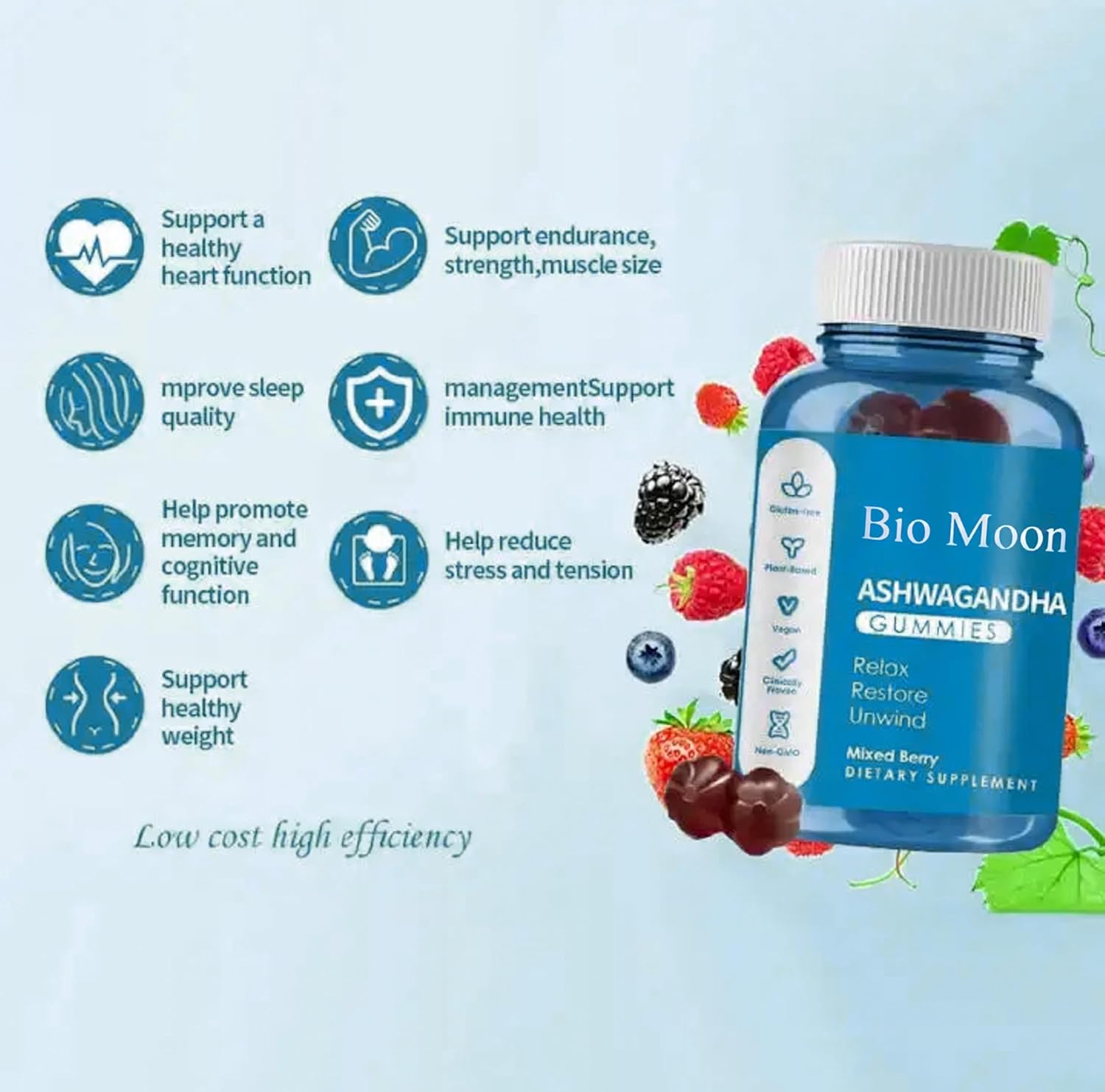 Organic Bio Moon Ashwagandha & Vitamin D3 Gummies - 60 Count for Improved Sleep, Stress Relief, and Mood Calm - Non-GMO and Gluten Free