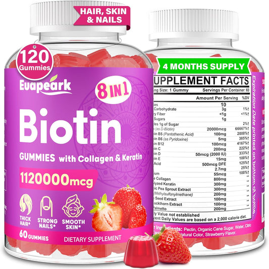 Organic Biotin Gummies with Collagen, Keratin, Folic Acid & Vitamins for Hair Growth, Skin & Nails, 8-in-1 Formula for Women & Men, 120 Count