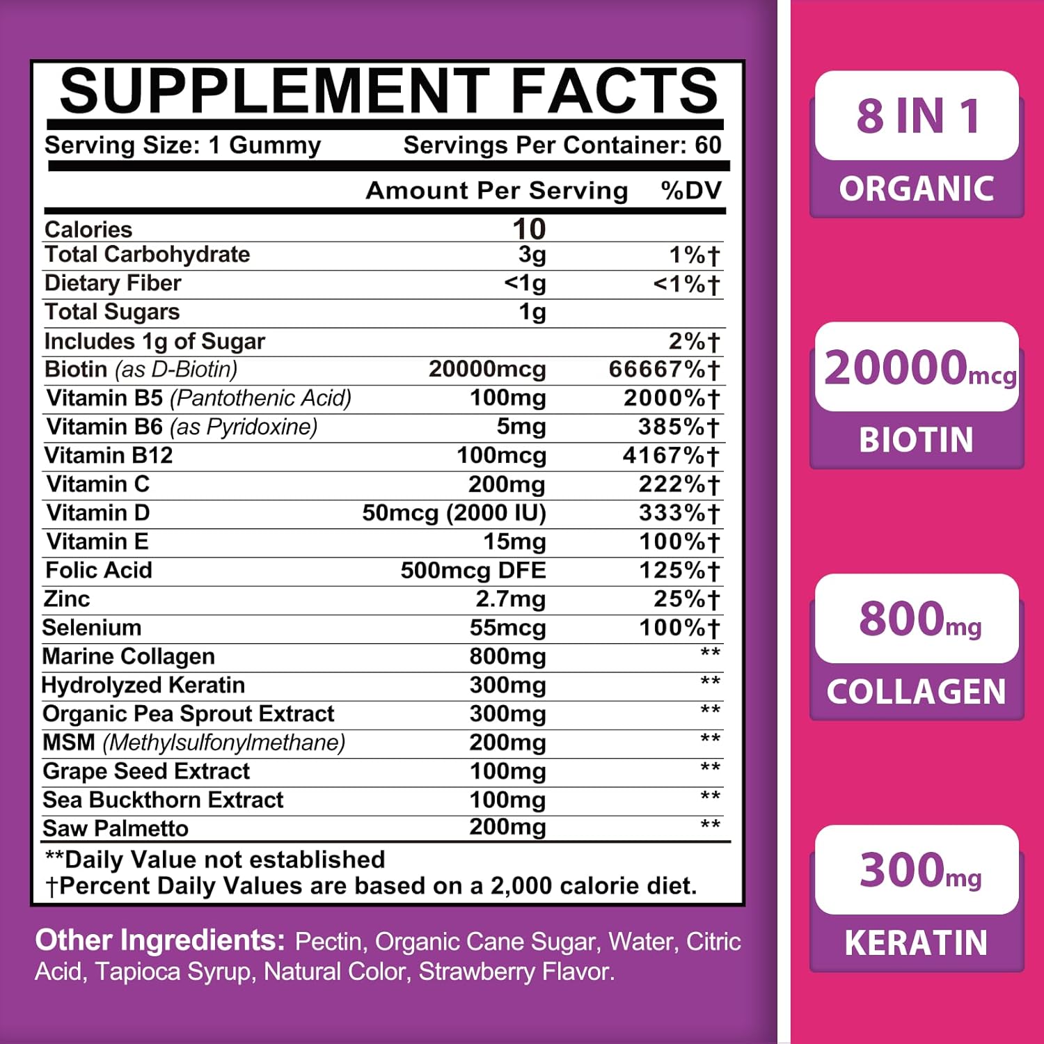 Organic Biotin Gummies with Collagen, Keratin, Folic Acid & Vitamins for Hair Growth, Skin & Nails, 8-in-1 Formula for Women & Men, 120 Count