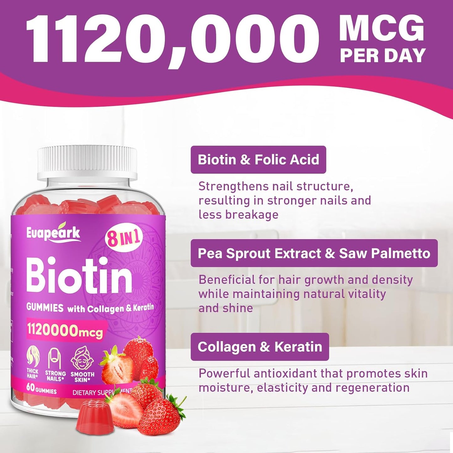 Organic Biotin Gummies with Collagen, Keratin, Folic Acid & Vitamins for Hair Growth, Skin & Nails, 8-in-1 Formula for Women & Men, 120 Count