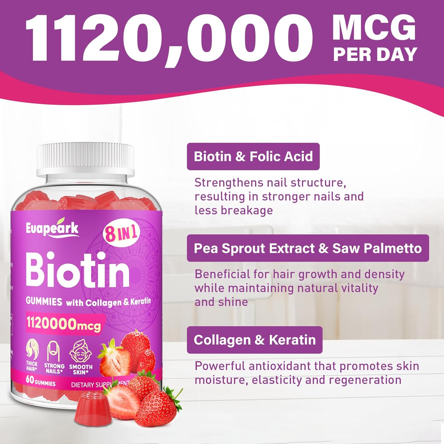 Organic Biotin Gummies with Collagen, Keratin, Folic Acid & Vitamins for Hair Growth, Skin & Nails, 8-in-1 Formula for Women & Men, 120 Count