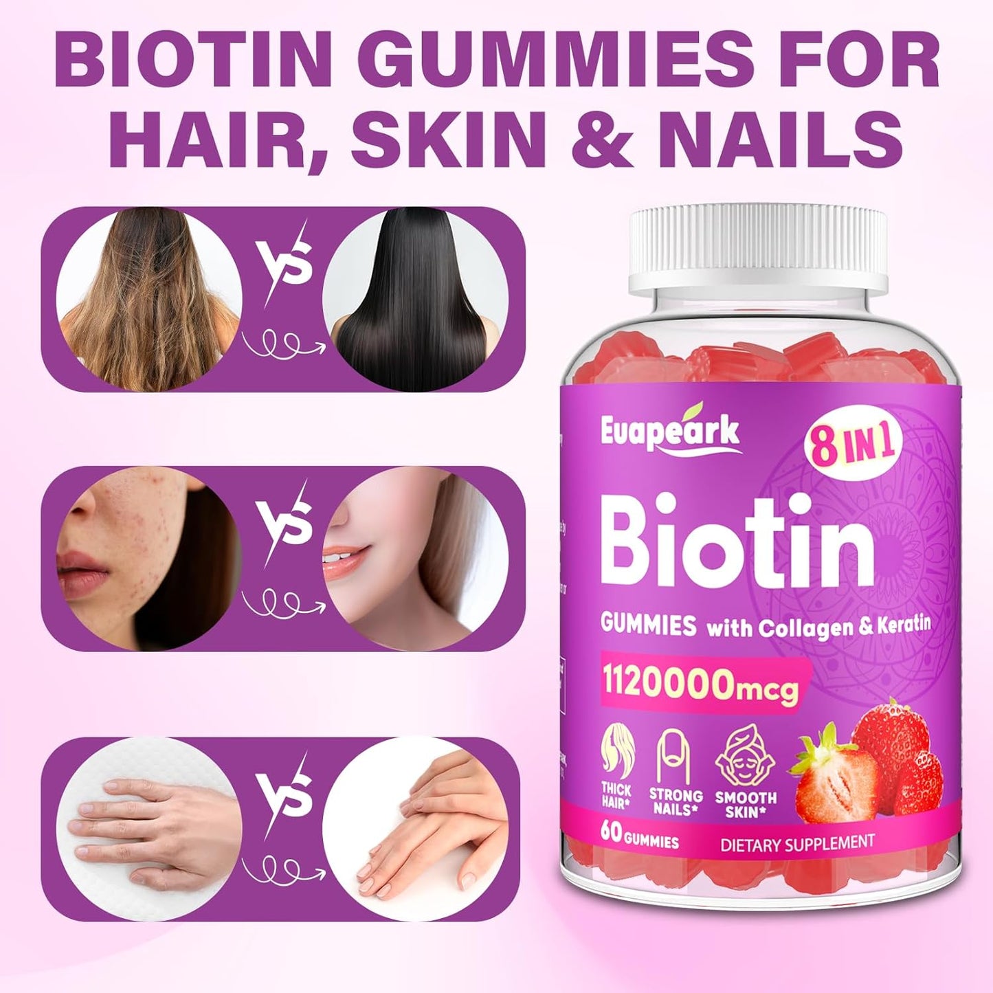 Organic Biotin Gummies with Collagen, Keratin, Folic Acid & Vitamins for Hair Growth, Skin & Nails, 8-in-1 Formula for Women & Men, 120 Count