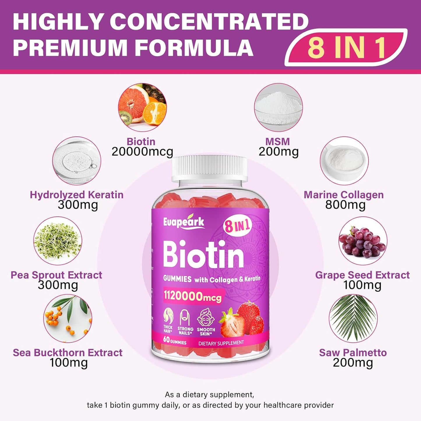 Organic Biotin Gummies with Collagen, Keratin, Folic Acid & Vitamins for Hair Growth, Skin & Nails, 8-in-1 Formula for Women & Men, 120 Count