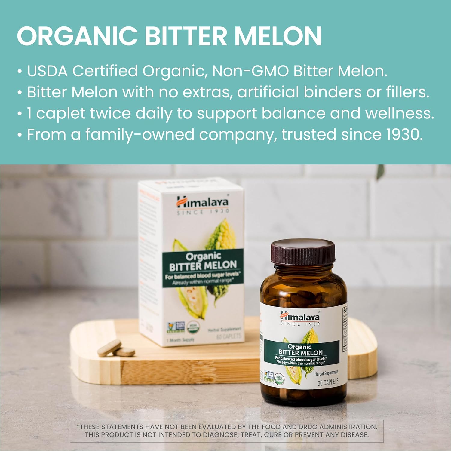 Organic Bitter Melon Caplets for Glucose Metabolism - 660 mg - 60 Caplets x 2 Pack
