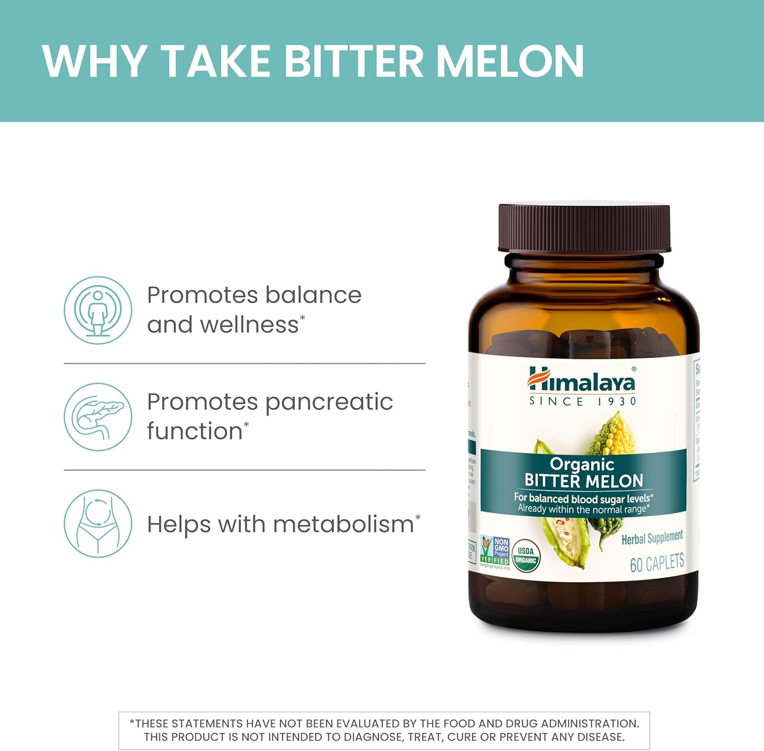 Organic Bitter Melon Caplets for Glucose Metabolism - 660 mg - 60 Caplets x 2 Pack