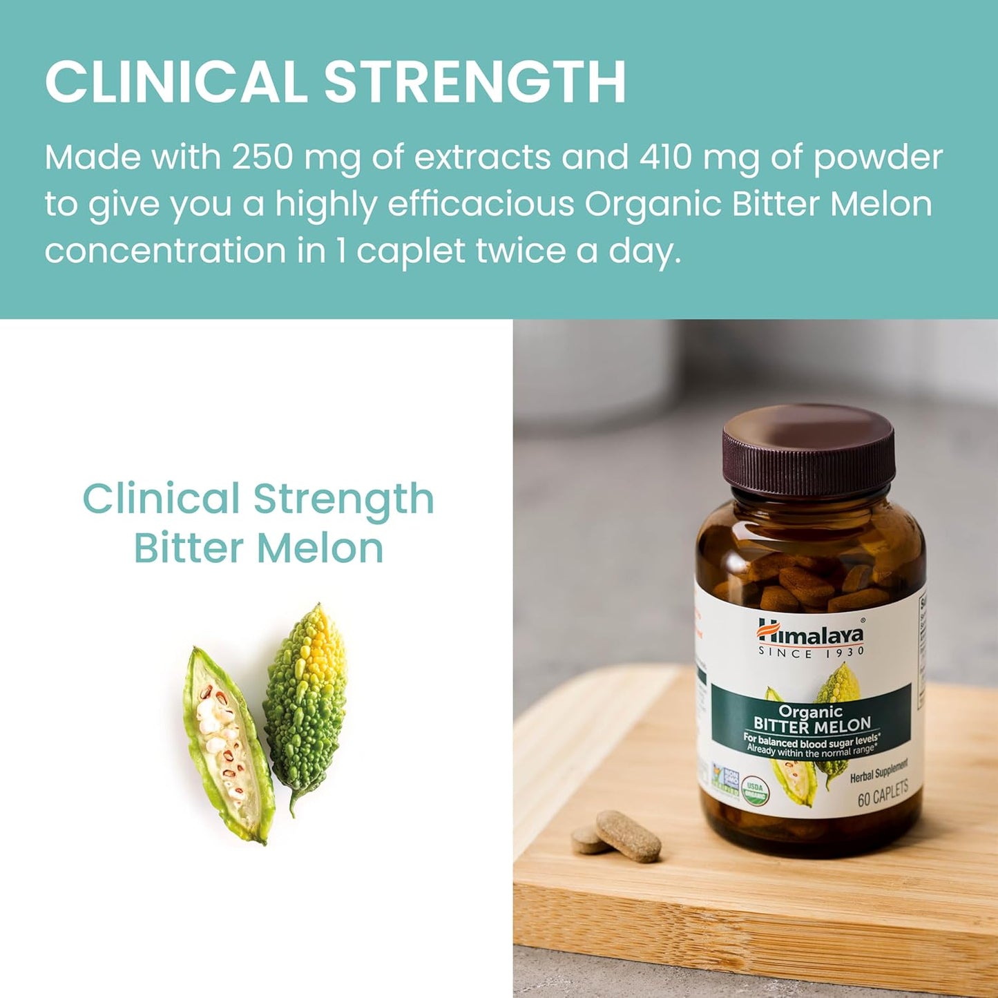 Organic Bitter Melon Caplets for Glucose Metabolism - 660 mg - 60 Caplets x 2 Pack