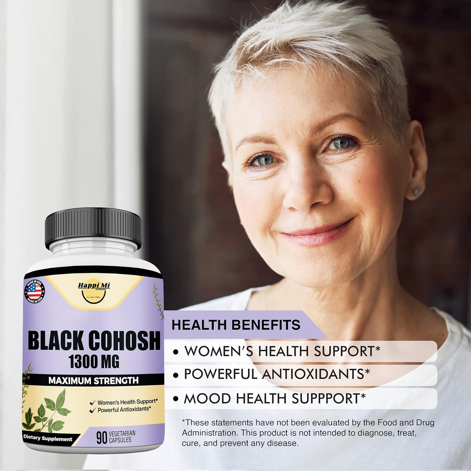 Organic Black Cohosh Root Capsules for Women's Hormonal Balance - 1300MG, Menopause & Menstrual Support - 90 Vegan Capsules