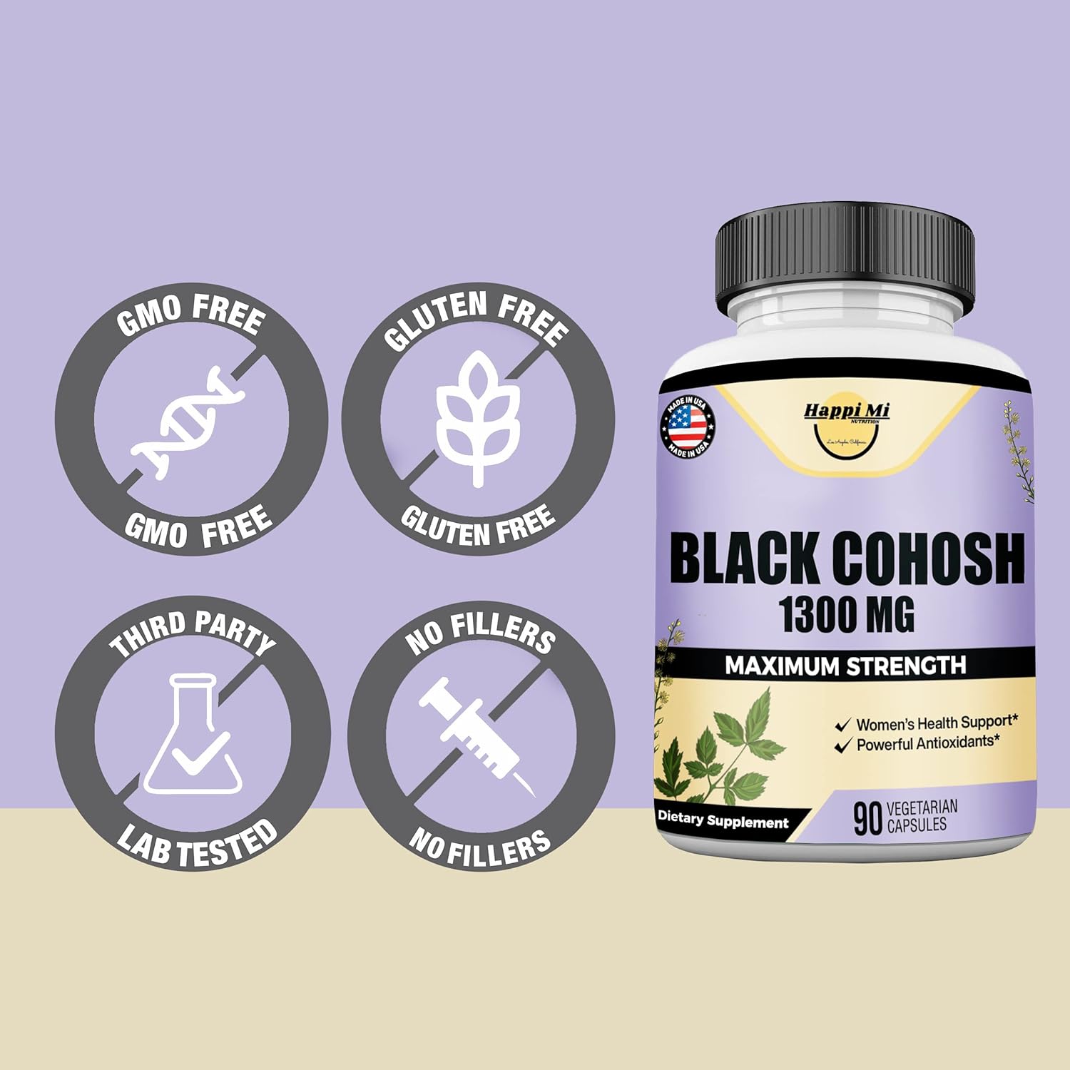 Organic Black Cohosh Root Capsules for Women's Hormonal Balance - 1300MG, Menopause & Menstrual Support - 90 Vegan Capsules