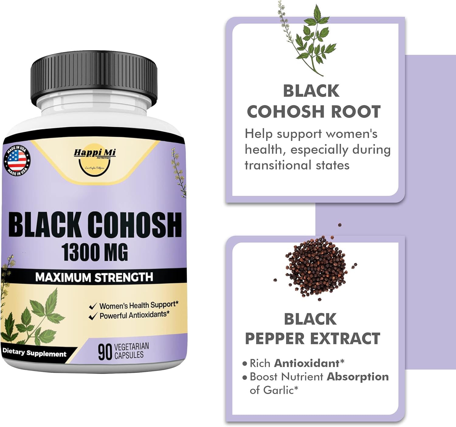 Organic Black Cohosh Root Capsules for Women's Hormonal Balance - 1300MG, Menopause & Menstrual Support - 90 Vegan Capsules