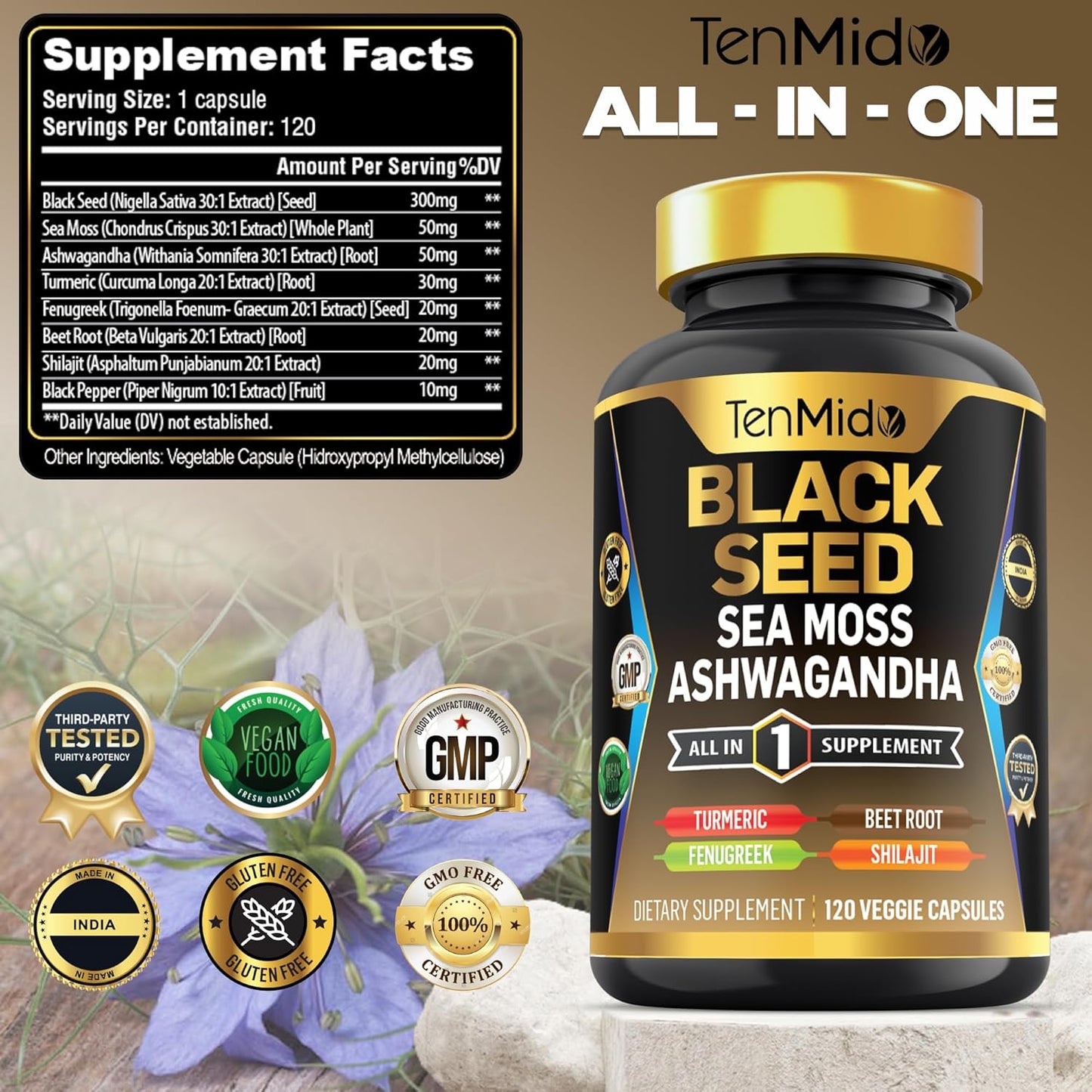 Organic Black Seed Supplement with 8 Superfood Ingredients - 120 Vegan Capsules - 4 Months Supply