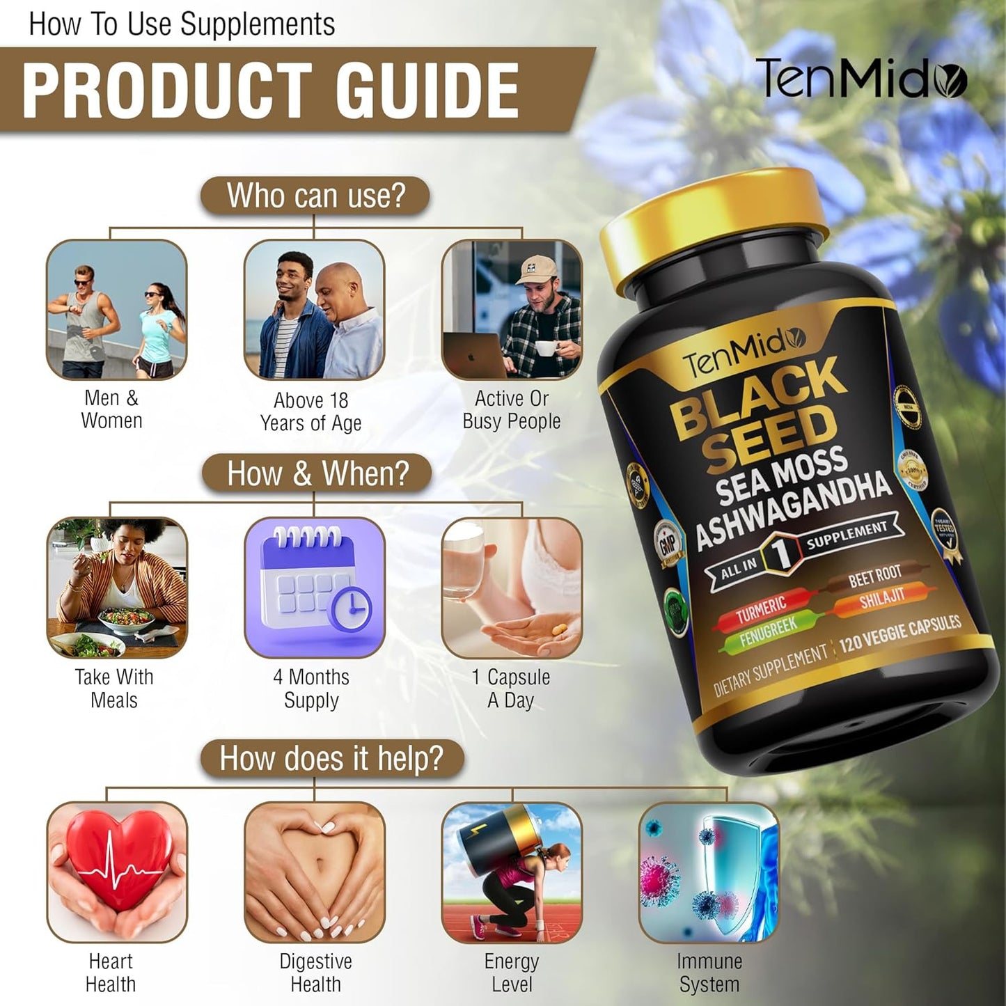 Organic Black Seed Supplement with 8 Superfood Ingredients - 120 Vegan Capsules - 4 Months Supply