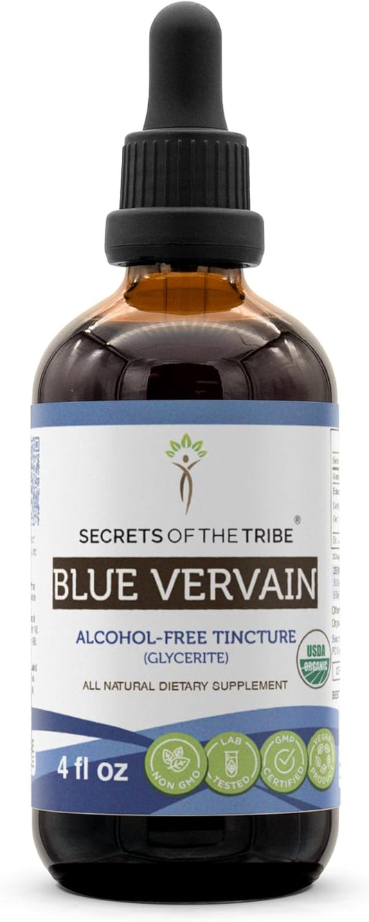 Organic Blue Vervain Herbal Extract Drops - Alcohol-Free & High Potency - 100% USDA Certified - 4 oz Bottle