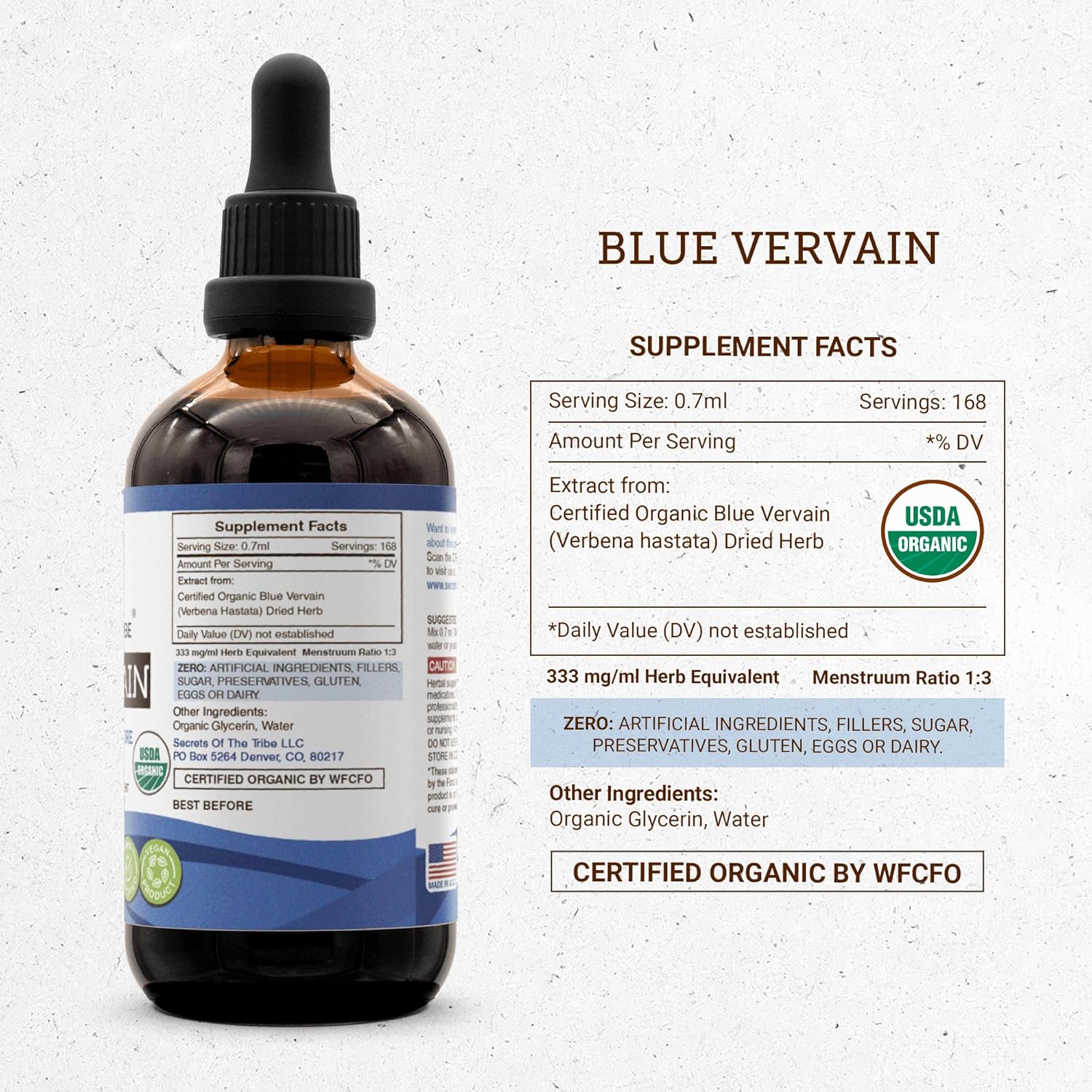 Organic Blue Vervain Herbal Extract Drops - Alcohol-Free & High Potency - 100% USDA Certified - 4 oz Bottle