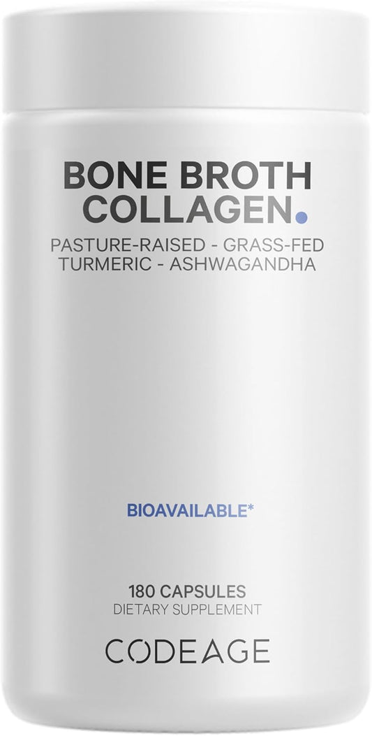 Organic Bone Broth Collagen Peptides Capsules with Turmeric & Ashwagandha - Grass Fed Beef & Free-Range Chicken - Non-GMO - 180 Capsules